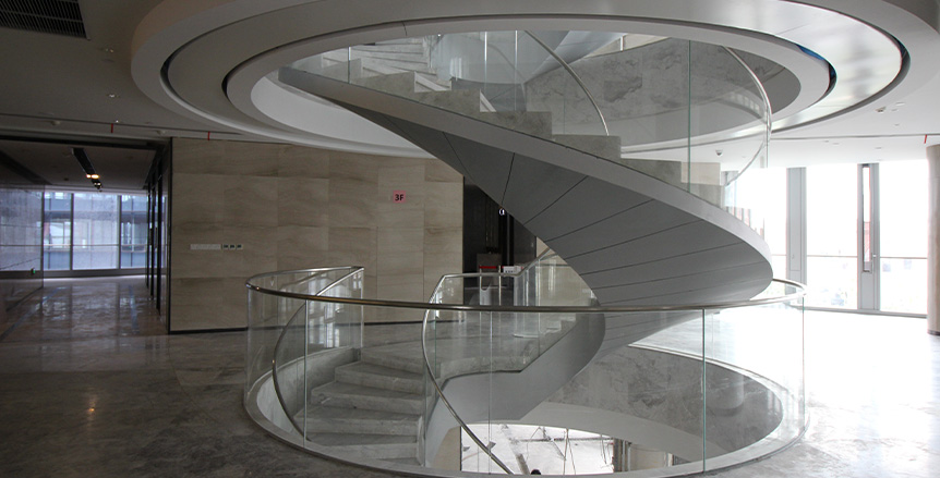 上海品牌服装总部-多层异形钢结构螺旋楼梯