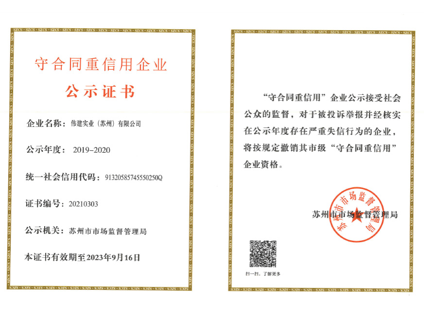  Enterprise Certificate of Abiding by Contract and Valuing Credit (Suzhou City)